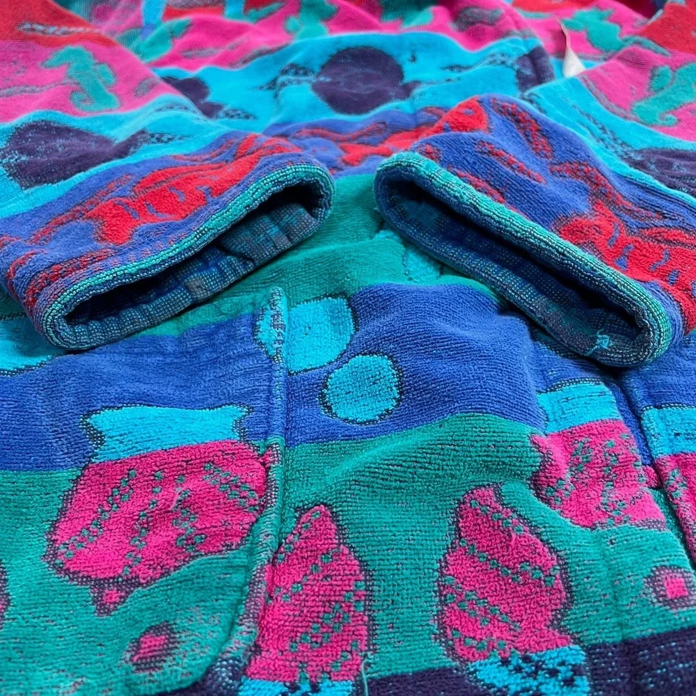 Vintage TJ Lawford Turkish‎ Cotton Terry Cloth Robe Colorful Print Belted Size S